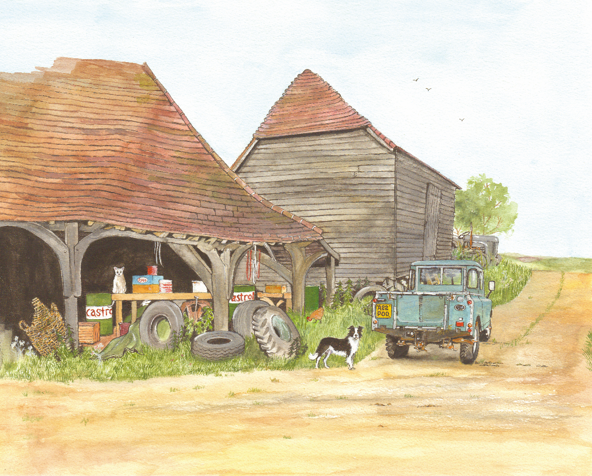 522 - Land Rover and Old Barn